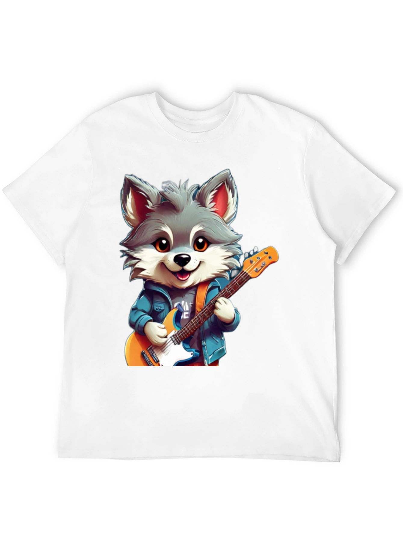 Black Cute Cartoon Wolf Guitarist Graphic Tee view 12