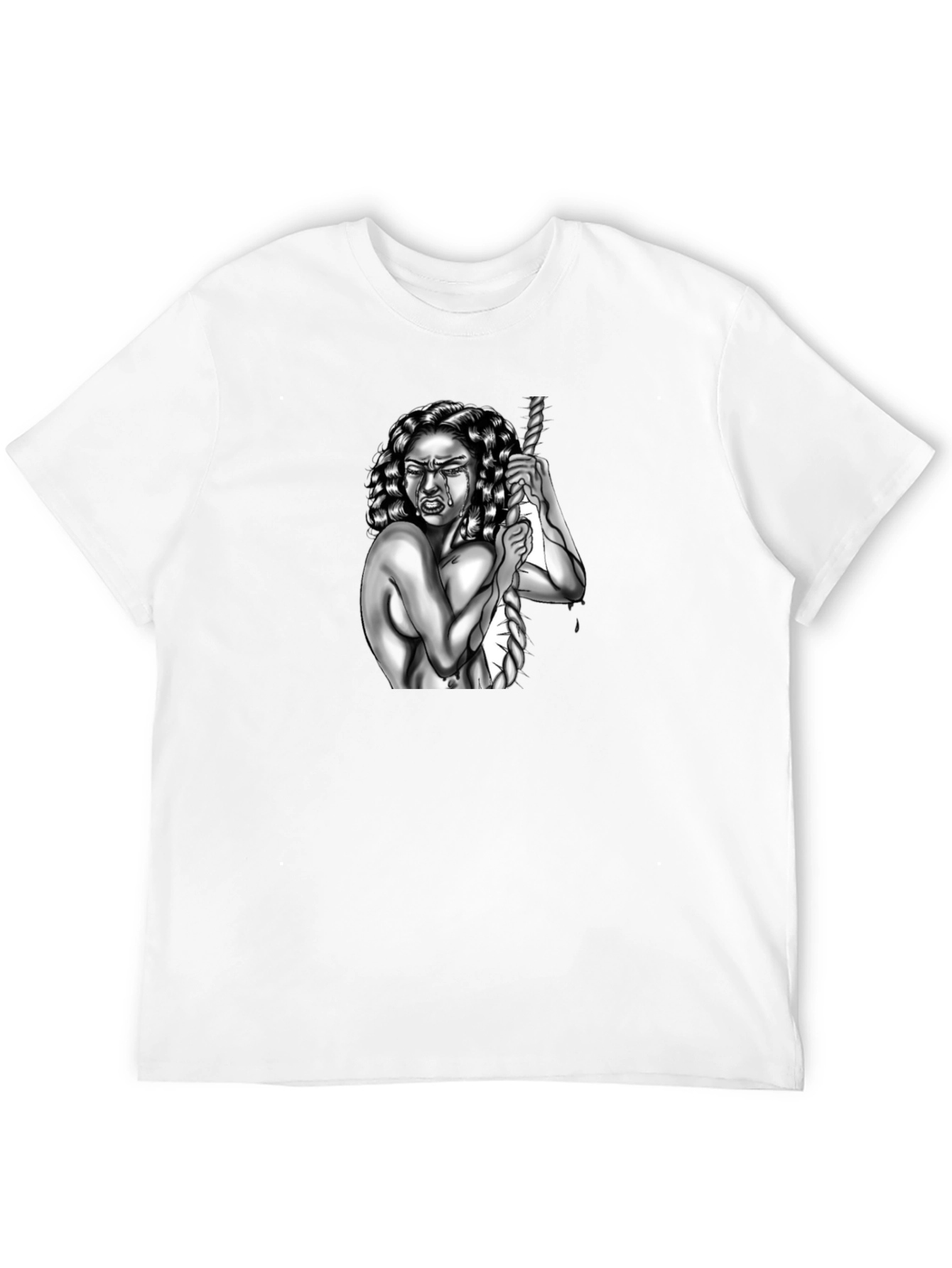 Black Edgy Graphic T-Shirt: Woman and Rope Design view 12