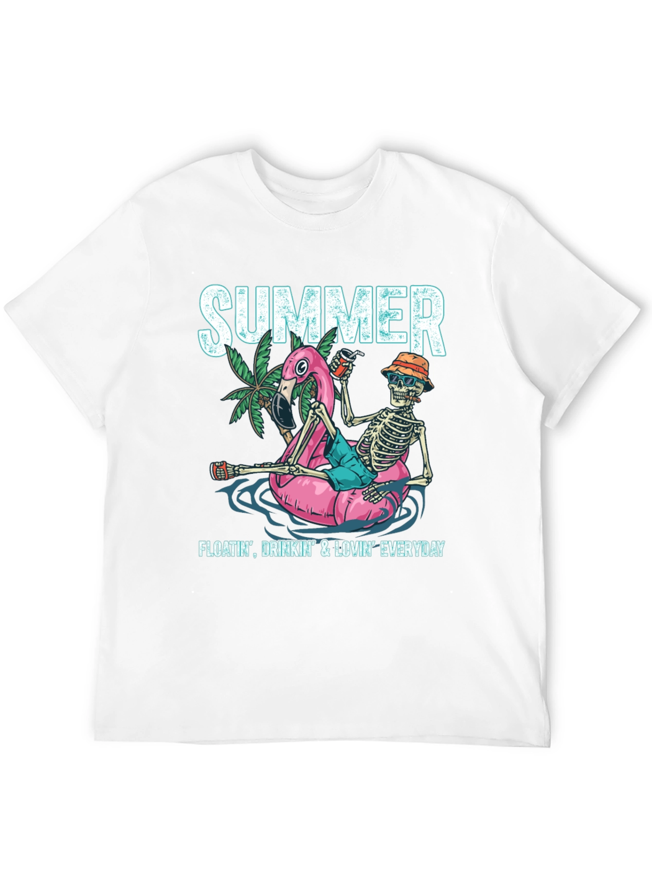 Black Summer Skeleton Flamingo Float T-Shirt view 12