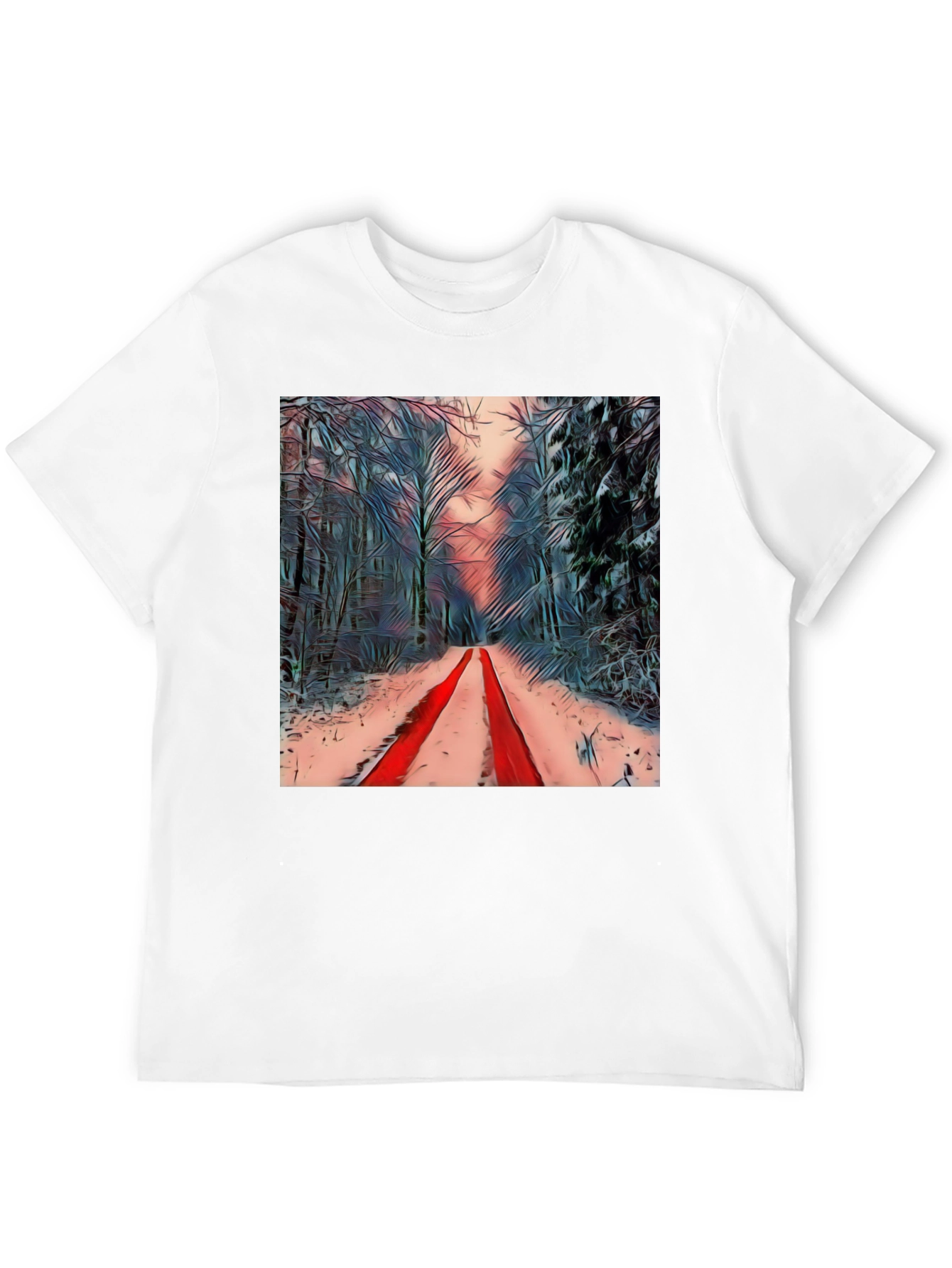 Black Winter Forest Red Path Black T-Shirt view 12