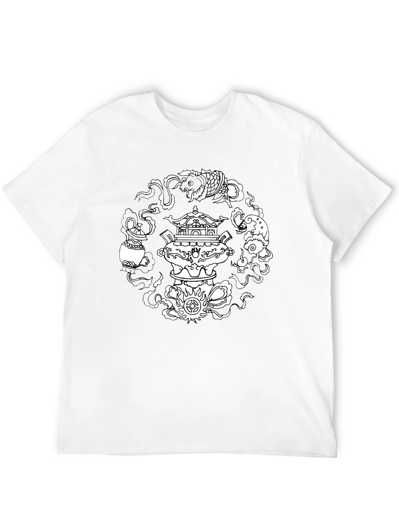 Black T-Shirt with Asian-Inspired White Graphic Design - 12
