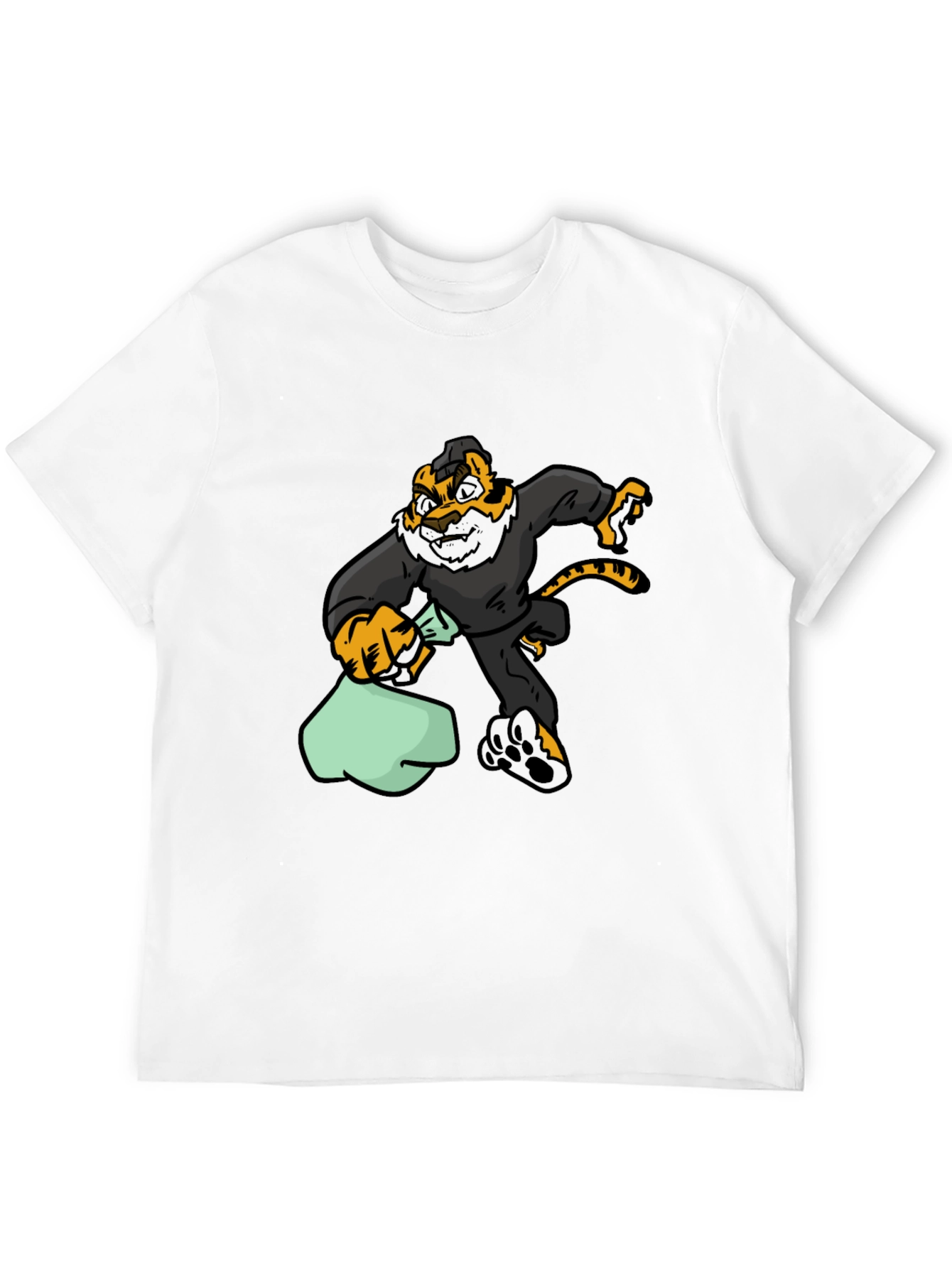 Black Cartoon Tiger Thief Graphic Tee - Black Cotton T-Shirt view 12