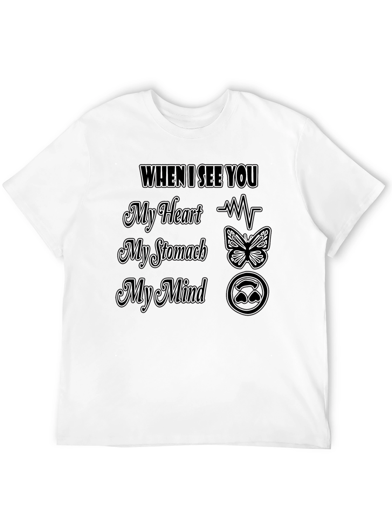 Black Romantic Love T-Shirt Heart Stomach Mind Design Tee view 12