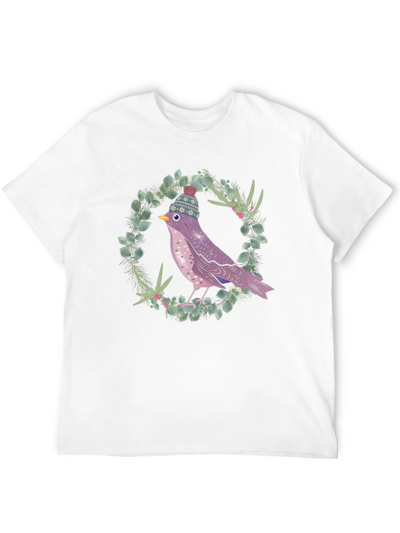 Black Whimsical Bird in Winter Hat T-Shirt view 12