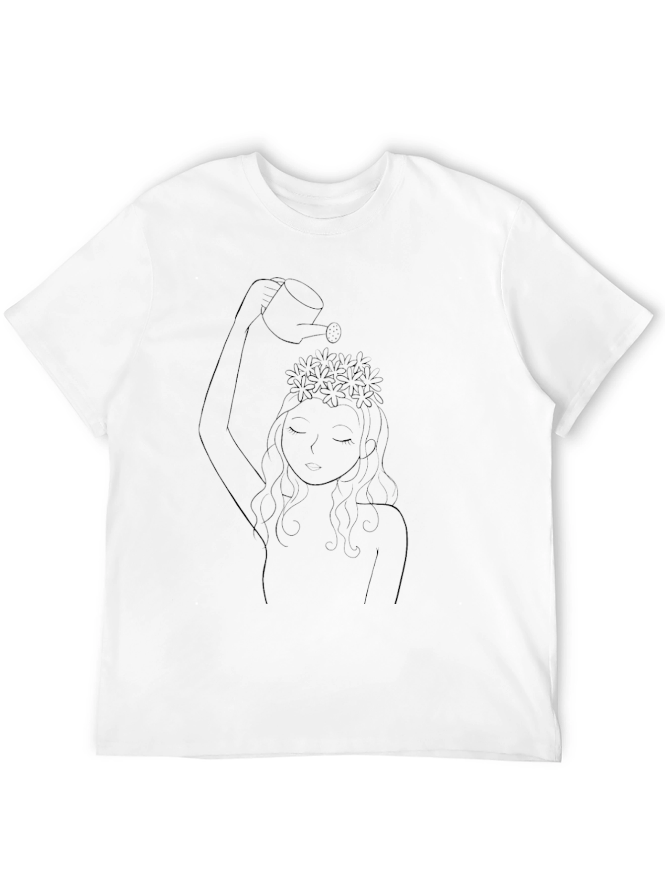 Black Black T-Shirt with Girl Watering Flowers Line Art view 12