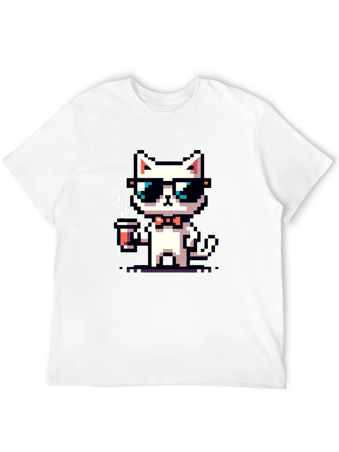 Black Cool Pixel Cat Coffee T-Shirt view 12