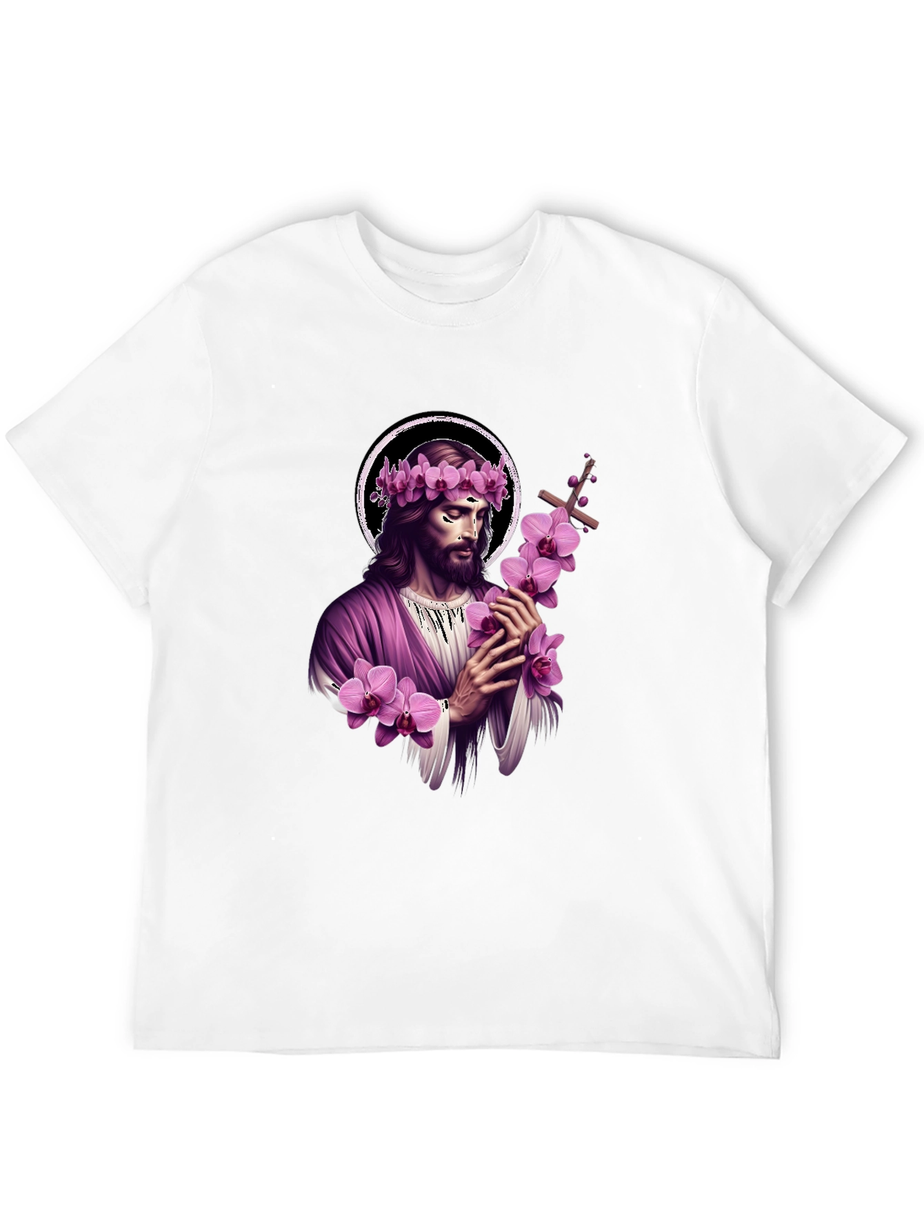 Black Jesus with Flowers Graphic T-Shirt - Soft Black Cotton Blend view 12