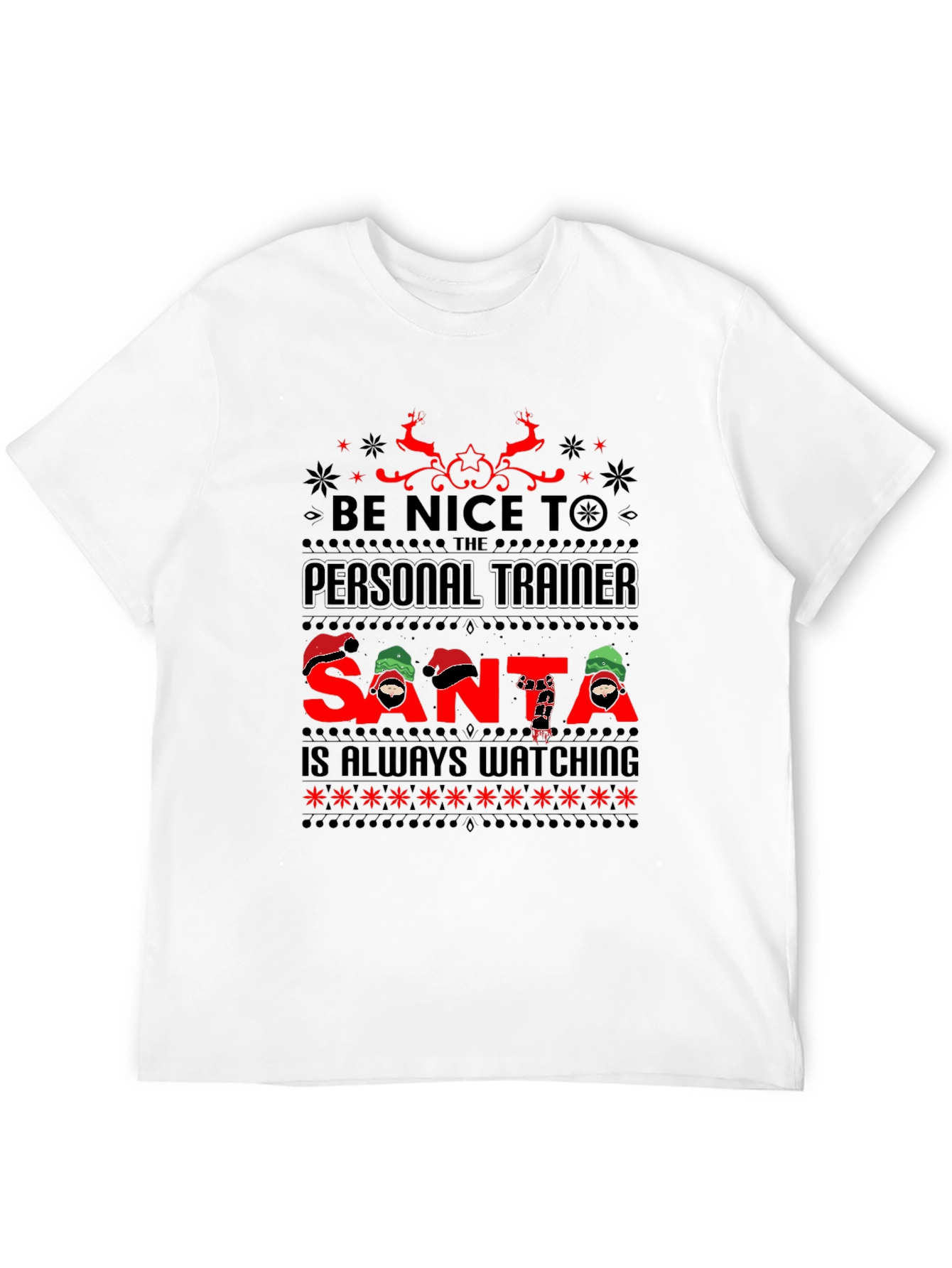 Black Personal Trainer Santa Watching Ugly Christmas T-Shirt view 12