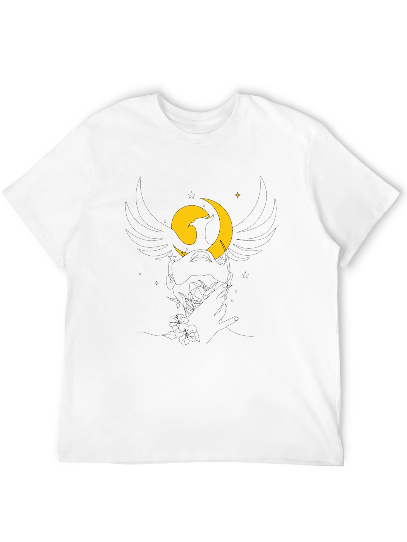 Black Black T-Shirt with Stylized Moon and Bird Graphic view 12