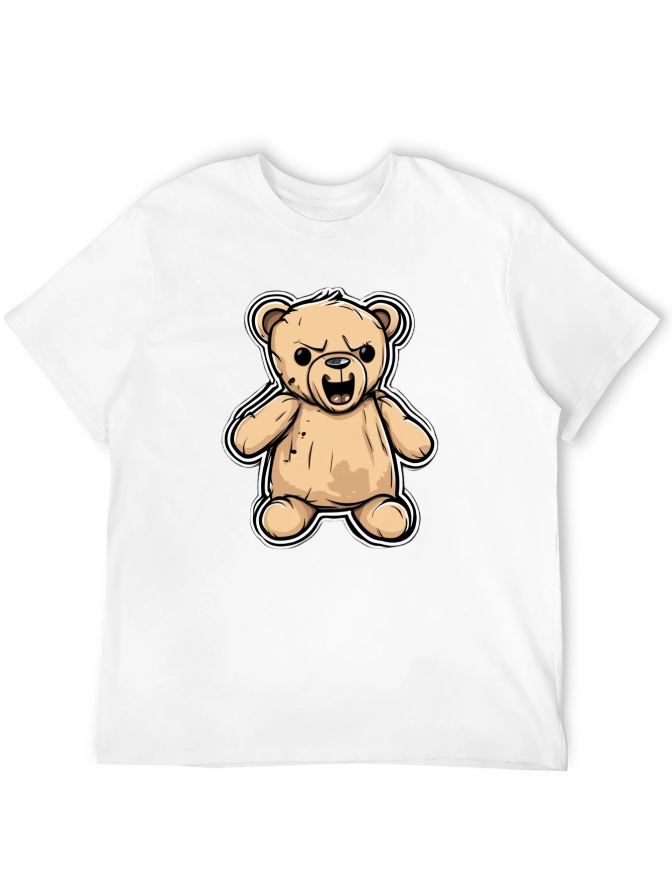 Black Men's Black T-Shirt with Cartoon Angry Teddy Bear Design view 12