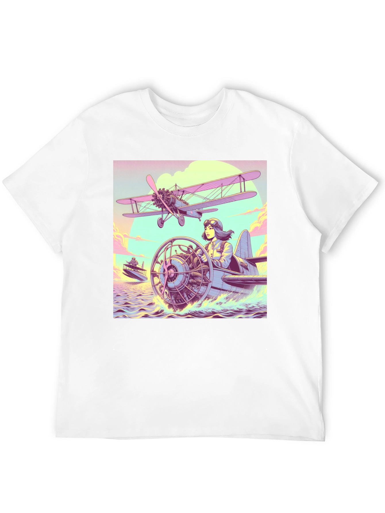 Black Retro Aviation T-Shirt - Pilot in Seaplane Design view 12