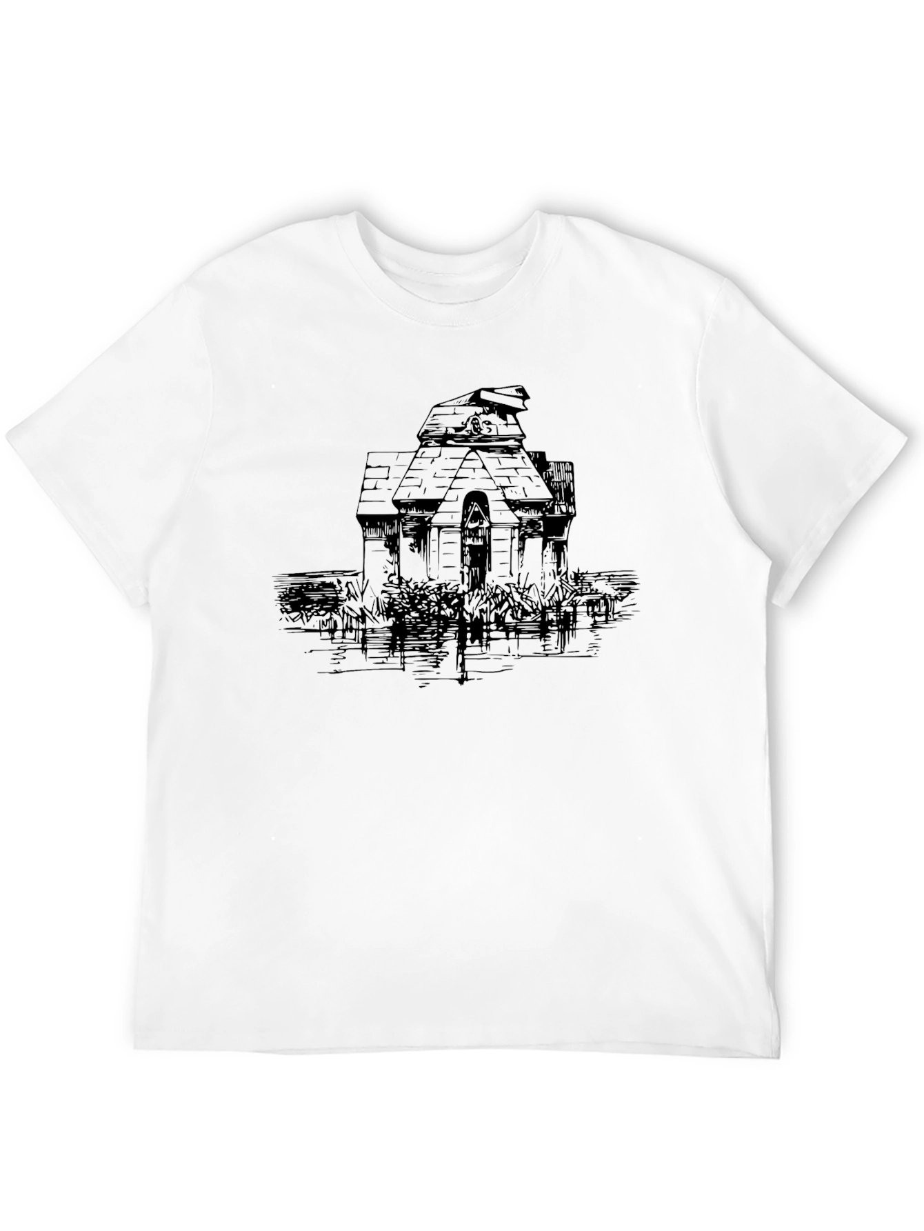 Black Men's Black Tee with Haunted House Graphic view 12