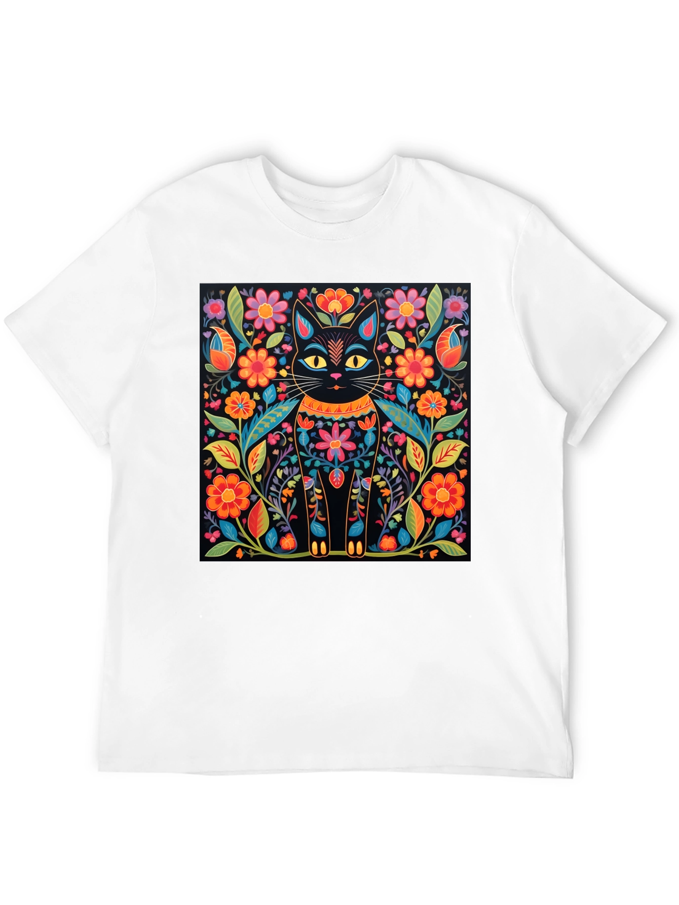 Black Floral Cat Graphic Print Black T-Shirt view 12