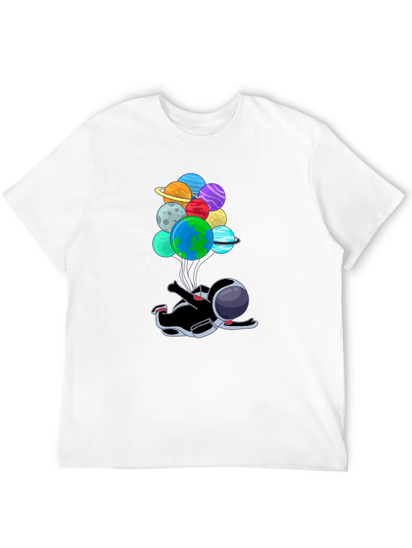 Black Astronaut Floating with Planet Balloons T-Shirt view 12