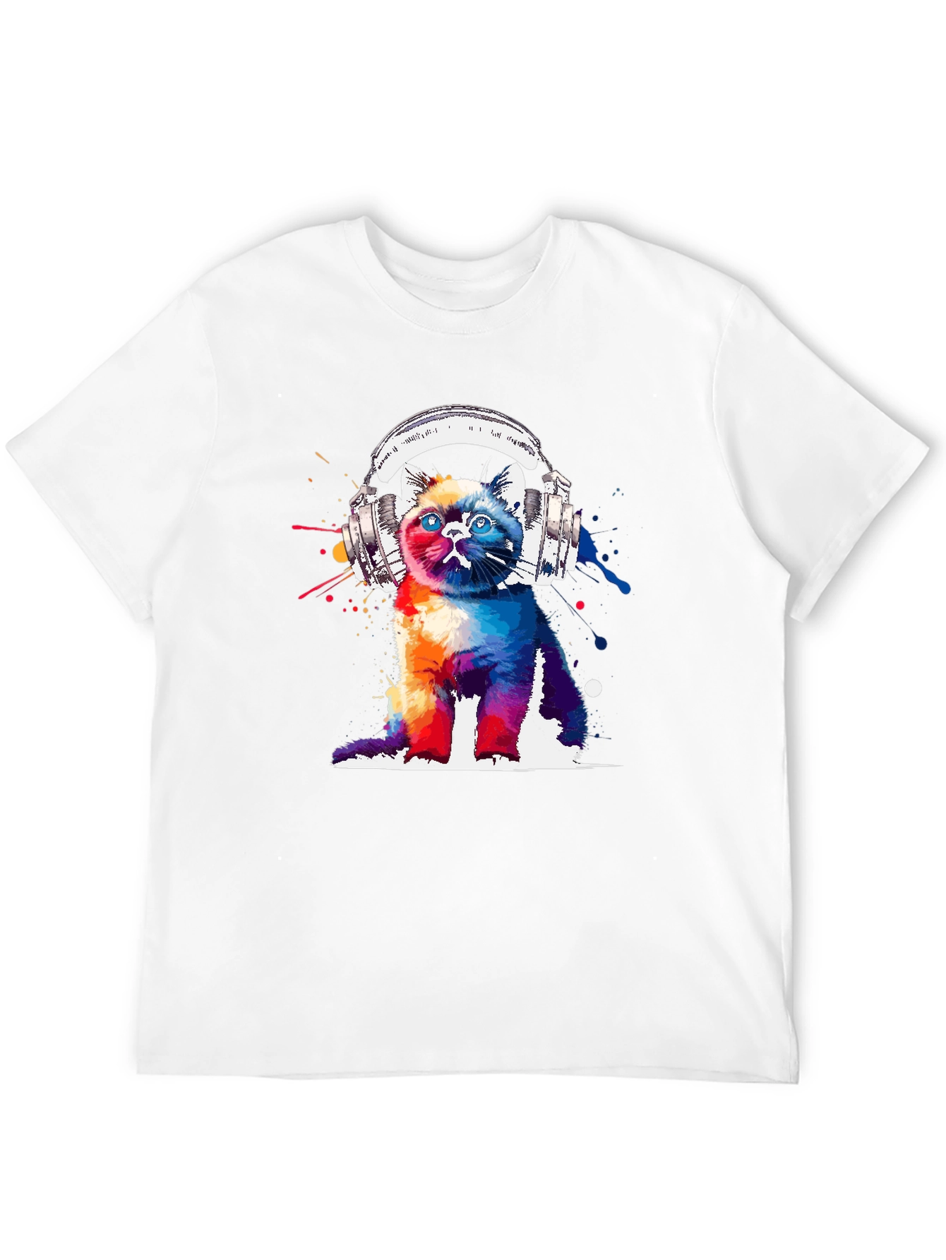 Black Colorful Cat Headphones Graphic T-Shirt view 12