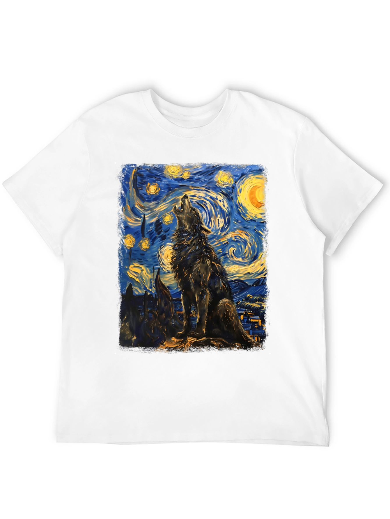 Black Starry Night Wolf Graphic Tee - Unique Artistic Design view 12