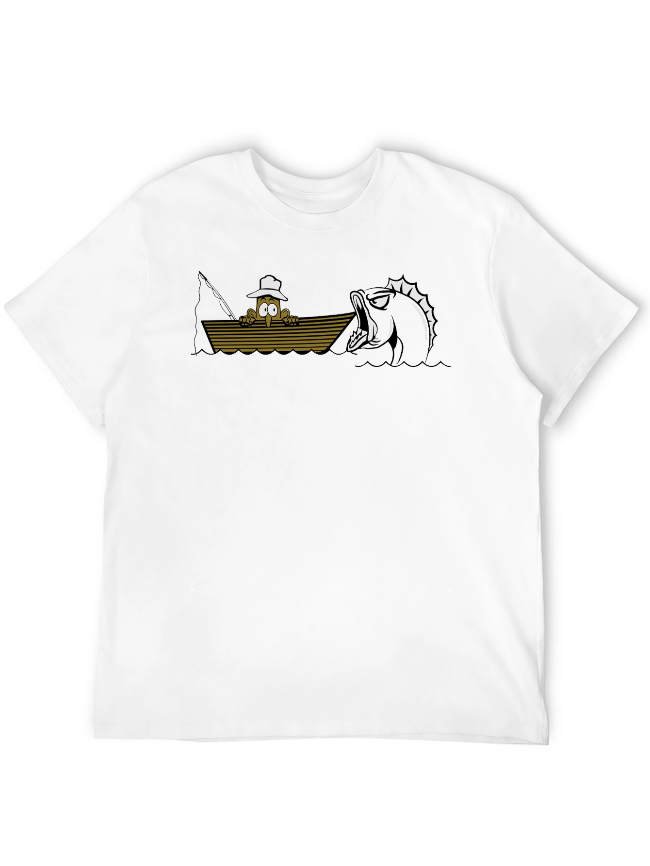 Black Cartoon Fisherman vs Monster Fish Black T-Shirt view 12