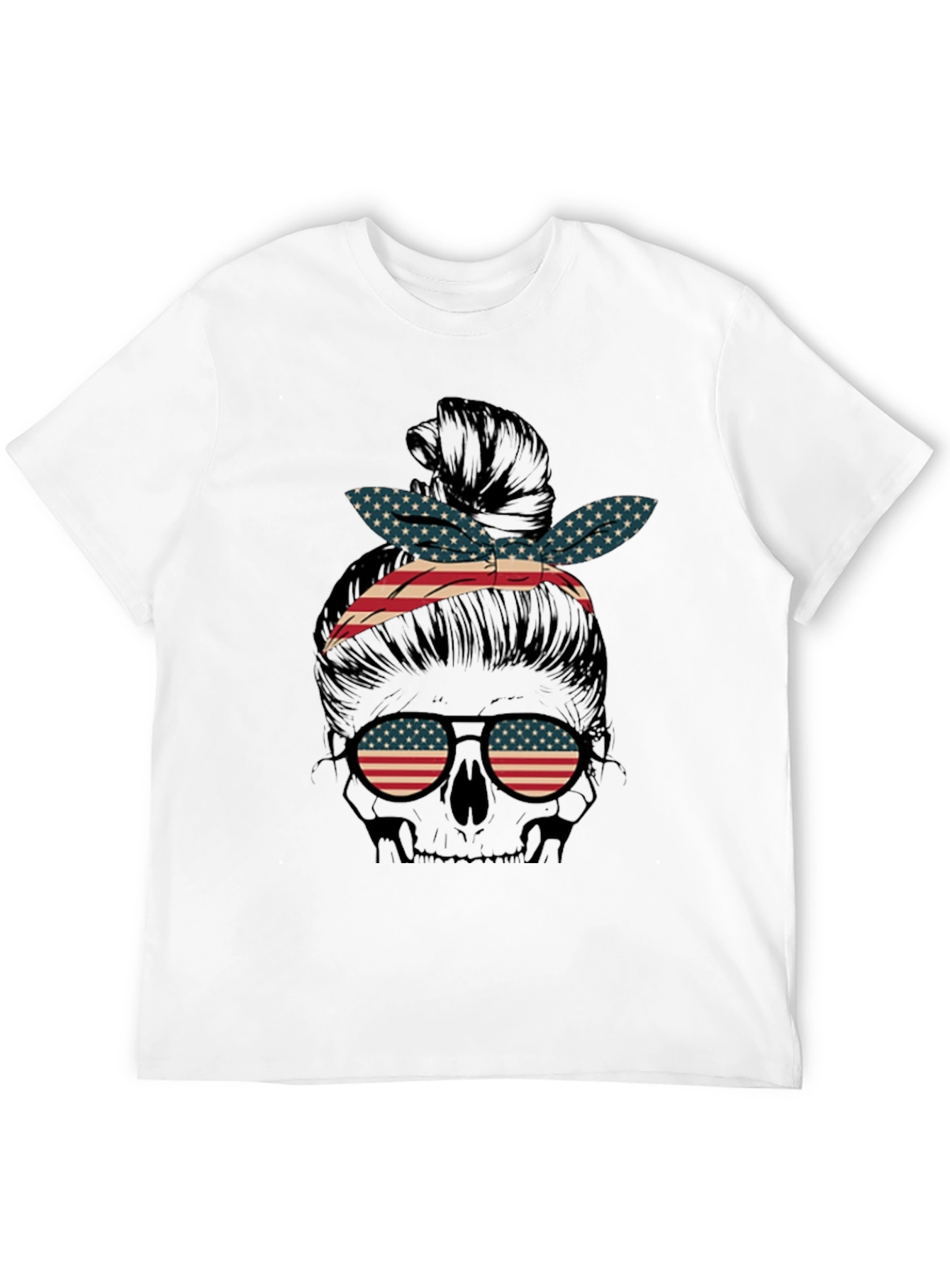 Black American Flag Skull Messy Bun Graphic Tee view 12