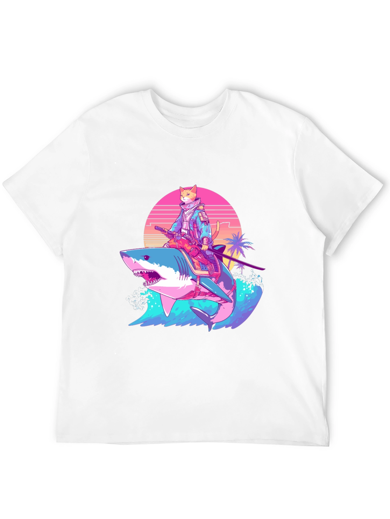 Black Cat Samurai Riding Shark T-Shirt view 12