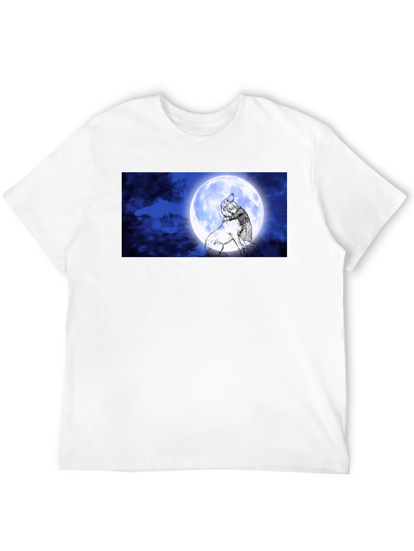 Black Moonlit Embrace T-Shirt: Man & Wolf Design view 12