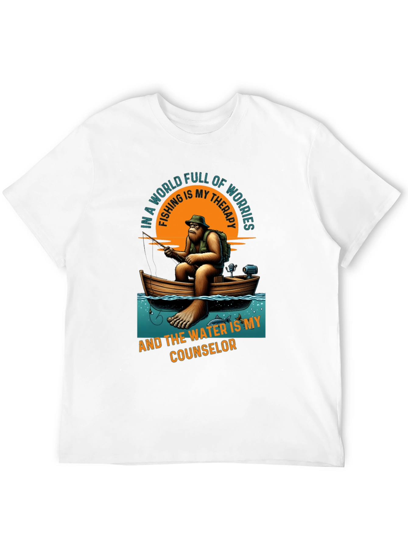 Black Fishing Therapy T-Shirt: Bigfoot Design view 12