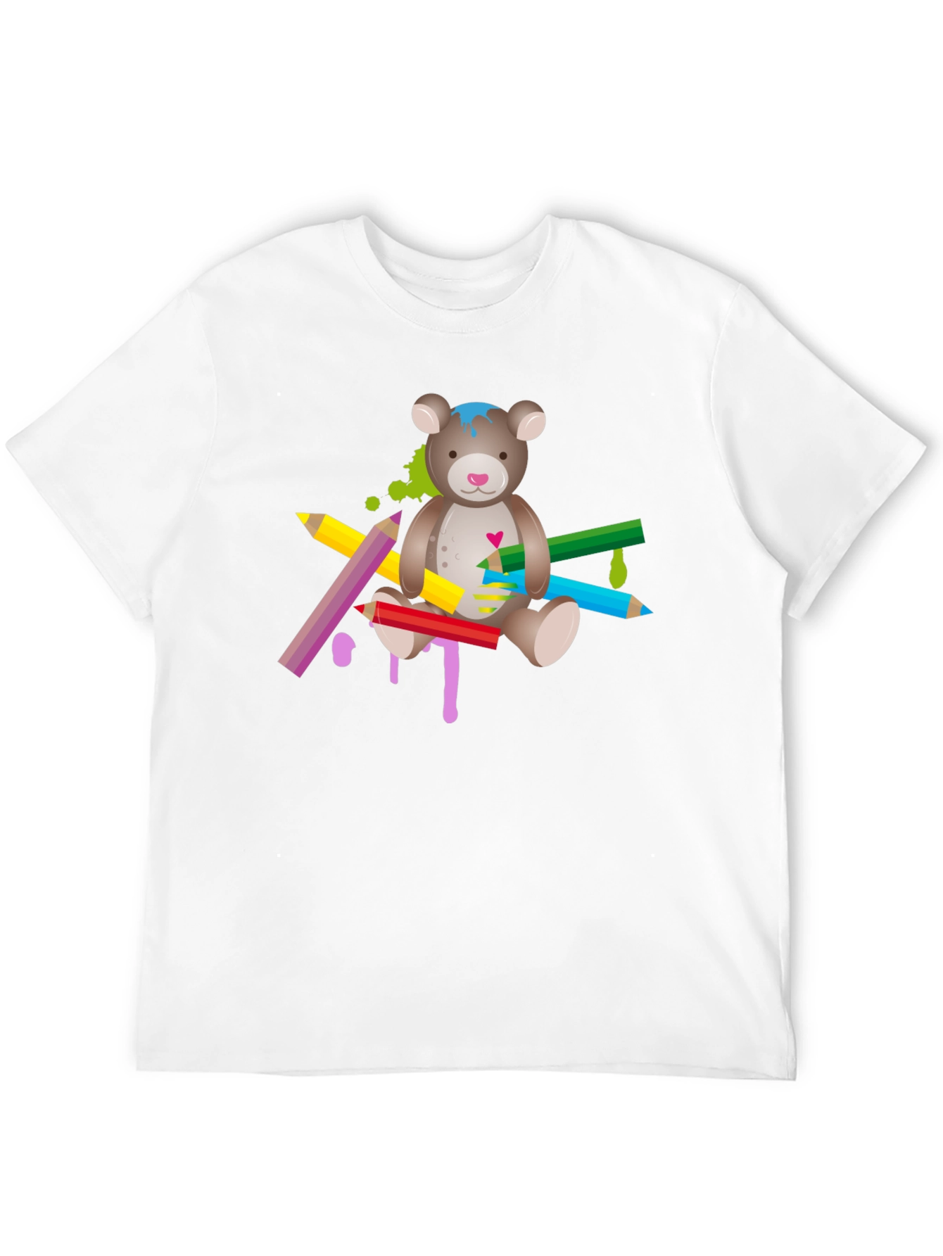 Black Cute Teddy Bear & Colorful Pencils Graphic T-Shirt - Unisex view 12