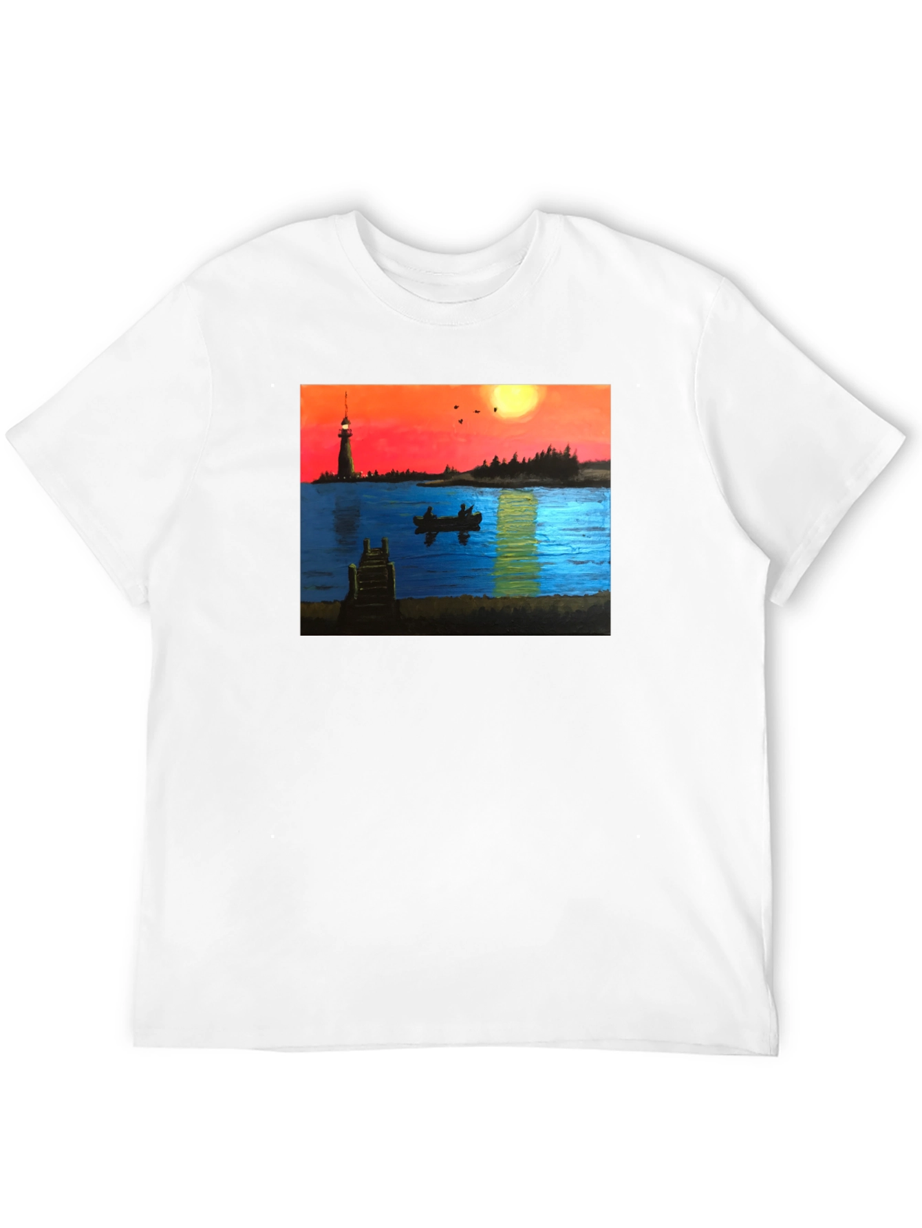 Black Sunset Lake Lighthouse Graphic Tee view 12