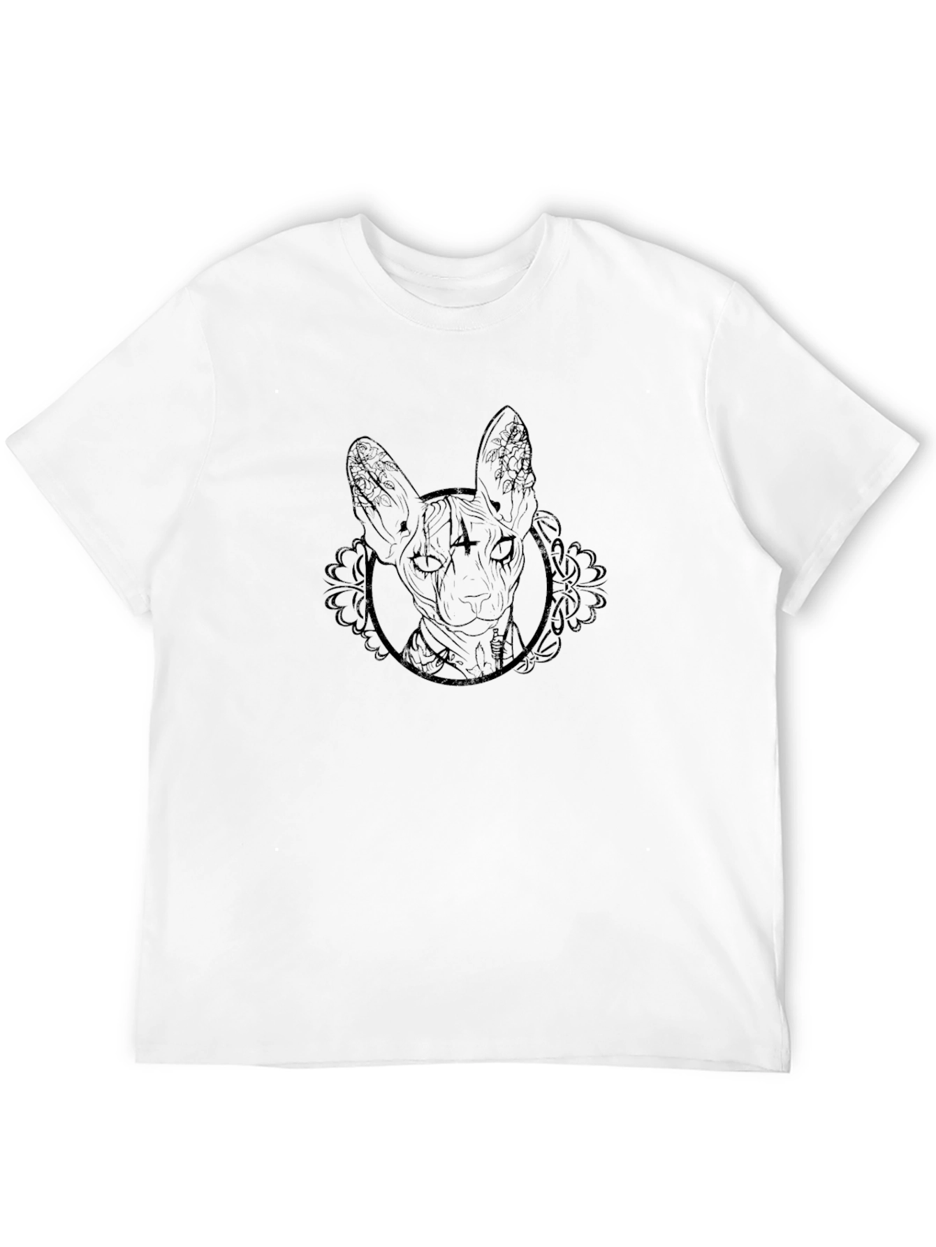 Black Men's Black Graphic Tee - Sphynx Cat Design view 12