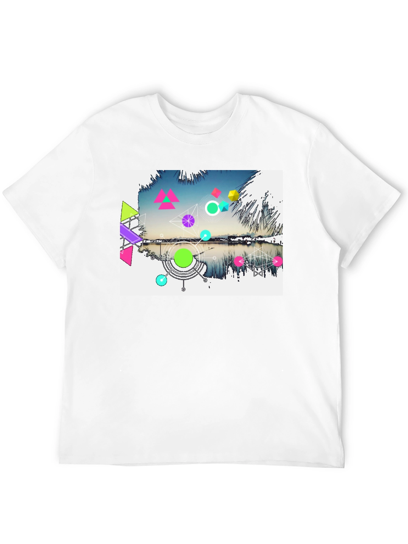 Black Geometric Lake Design Men's Black T-Shirt view 12