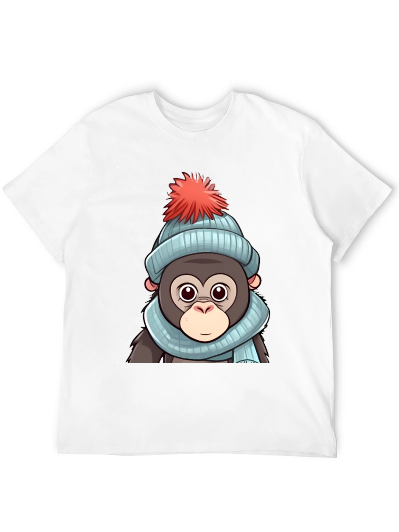 Black Cute Cartoon Monkey in Winter Hat T-Shirt view 12