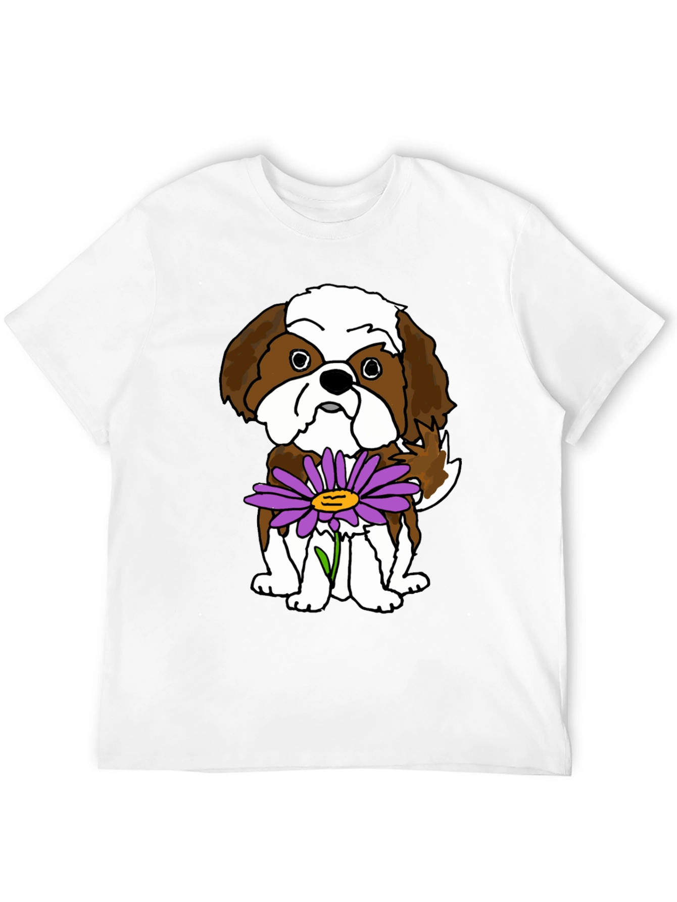 Black Cute Shih Tzu Dog with Flower Graphic T-Shirt view 12