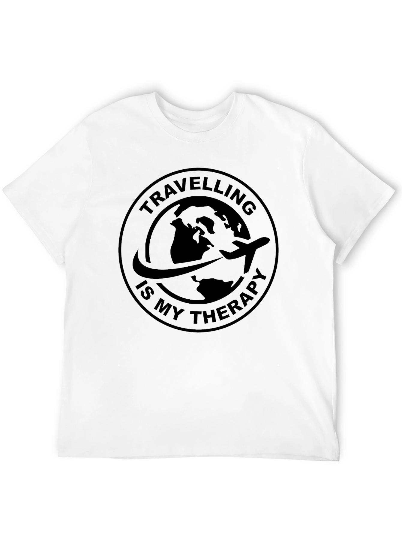 Black Travel Therapy Black T-Shirt - Globe Airplane Design view 12