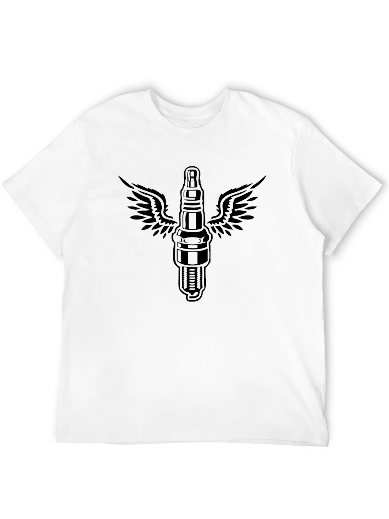 Black Men's Black T-Shirt with Flying Spark Plug Graphic view 12