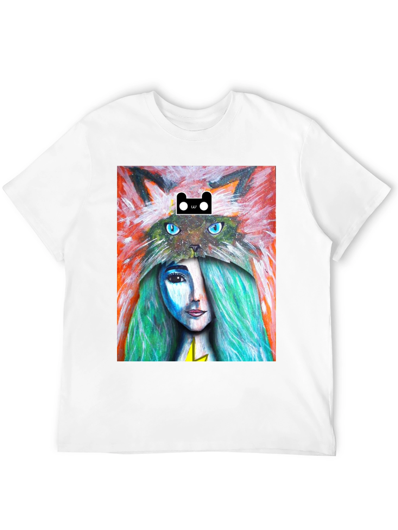 Black Artistic T-Shirt with Cat and Woman Design view 12