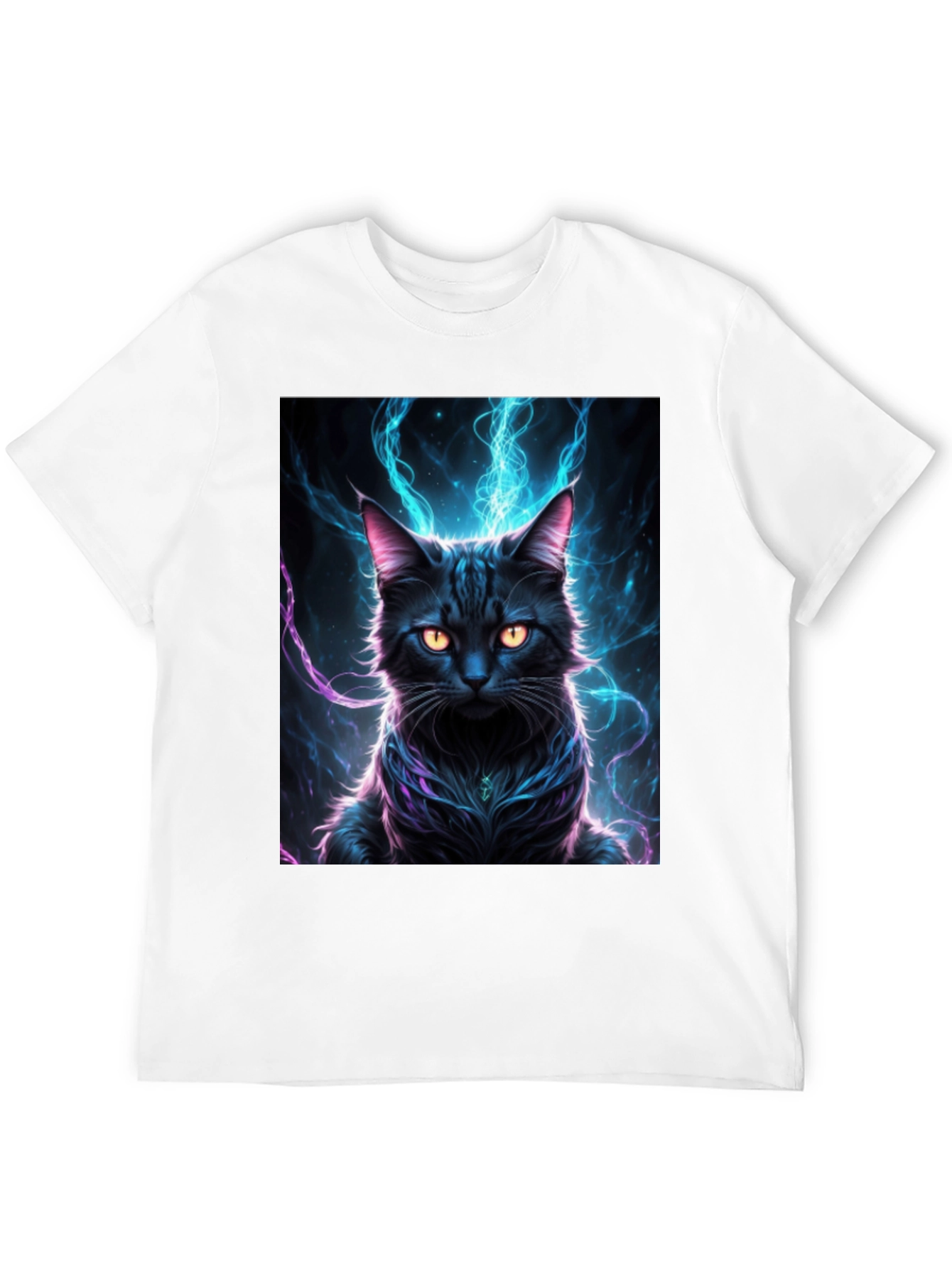 Mystic Feline T-Shirt: Black Cat with Electric Aura Design - 12