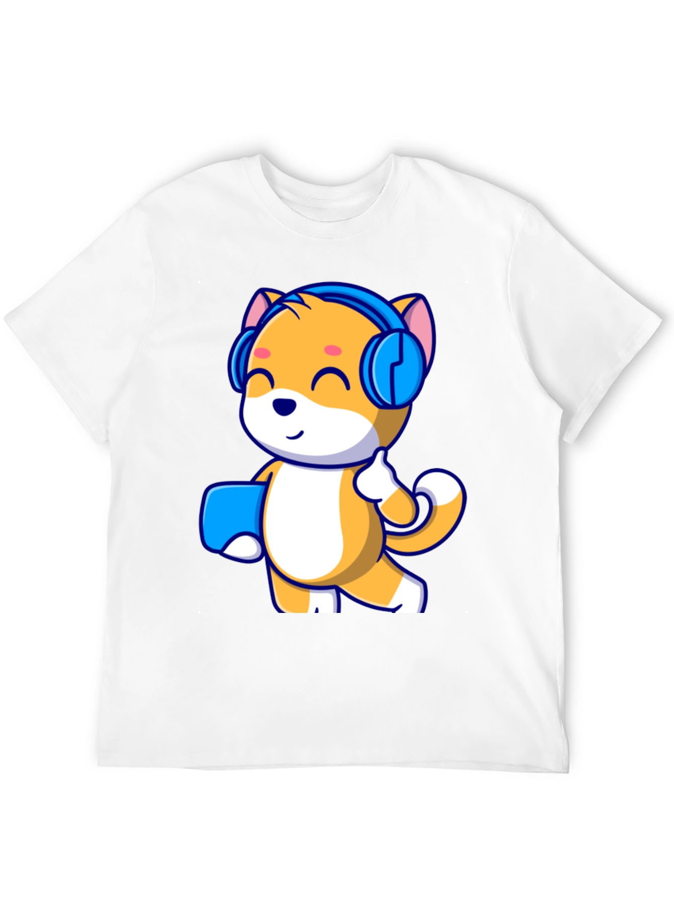 Black Cute Cartoon Cat with Headphones Black T-Shirt view 12