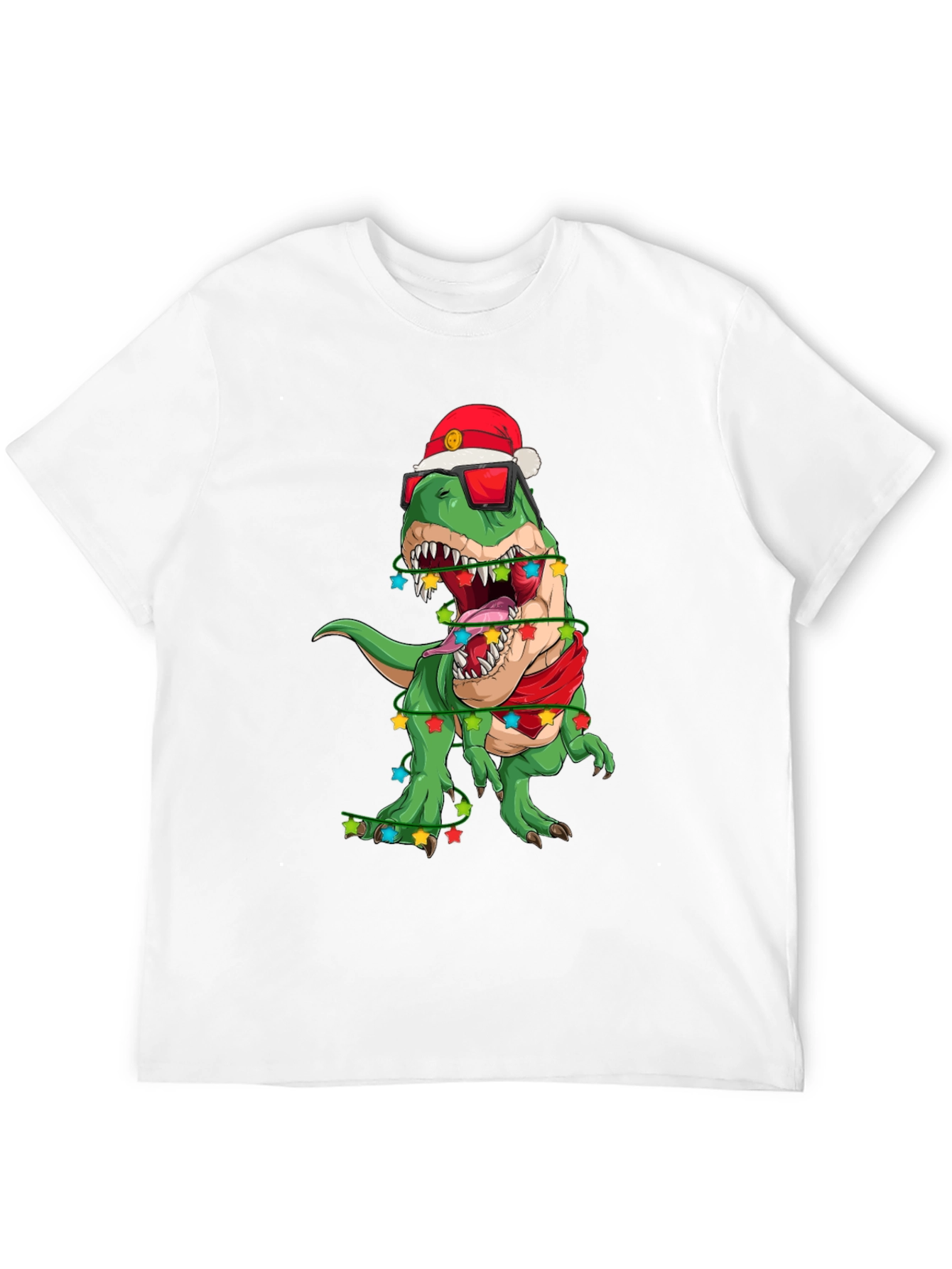 Black Festive Dinosaur T-Shirt: Holiday T-Rex in Santa Hat view 12