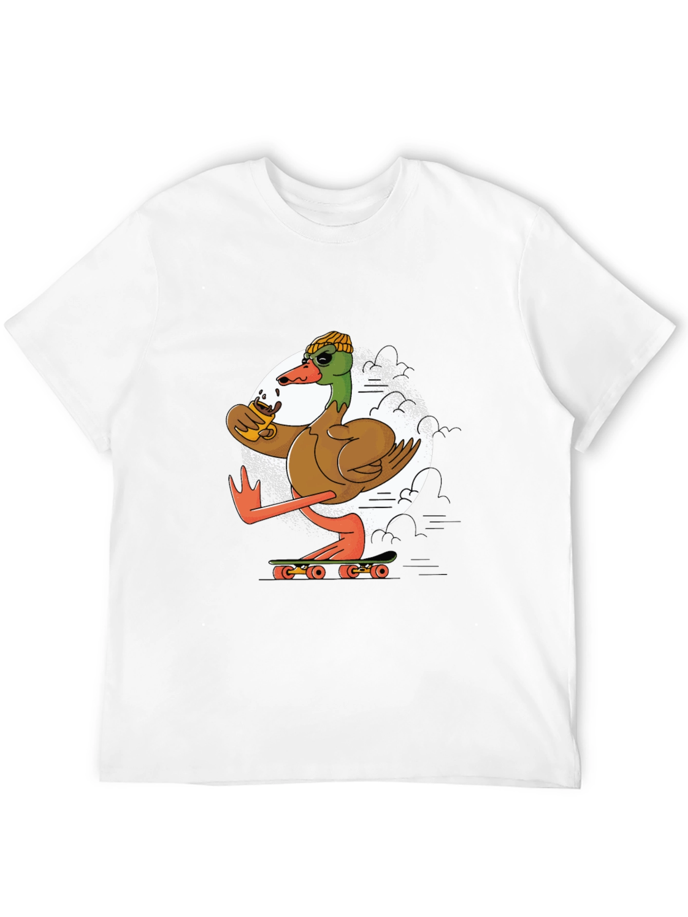 Black Skateboarding Duck T-Shirt: Cool Coffee Drinking Bird view 12