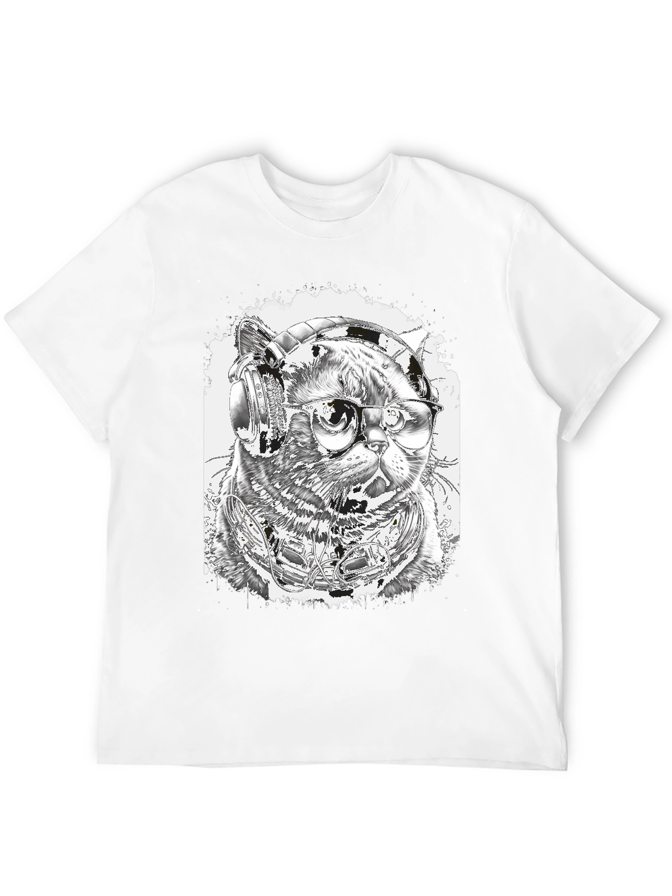 Black Cool Cat T-Shirt - Headphones & Glasses view 12