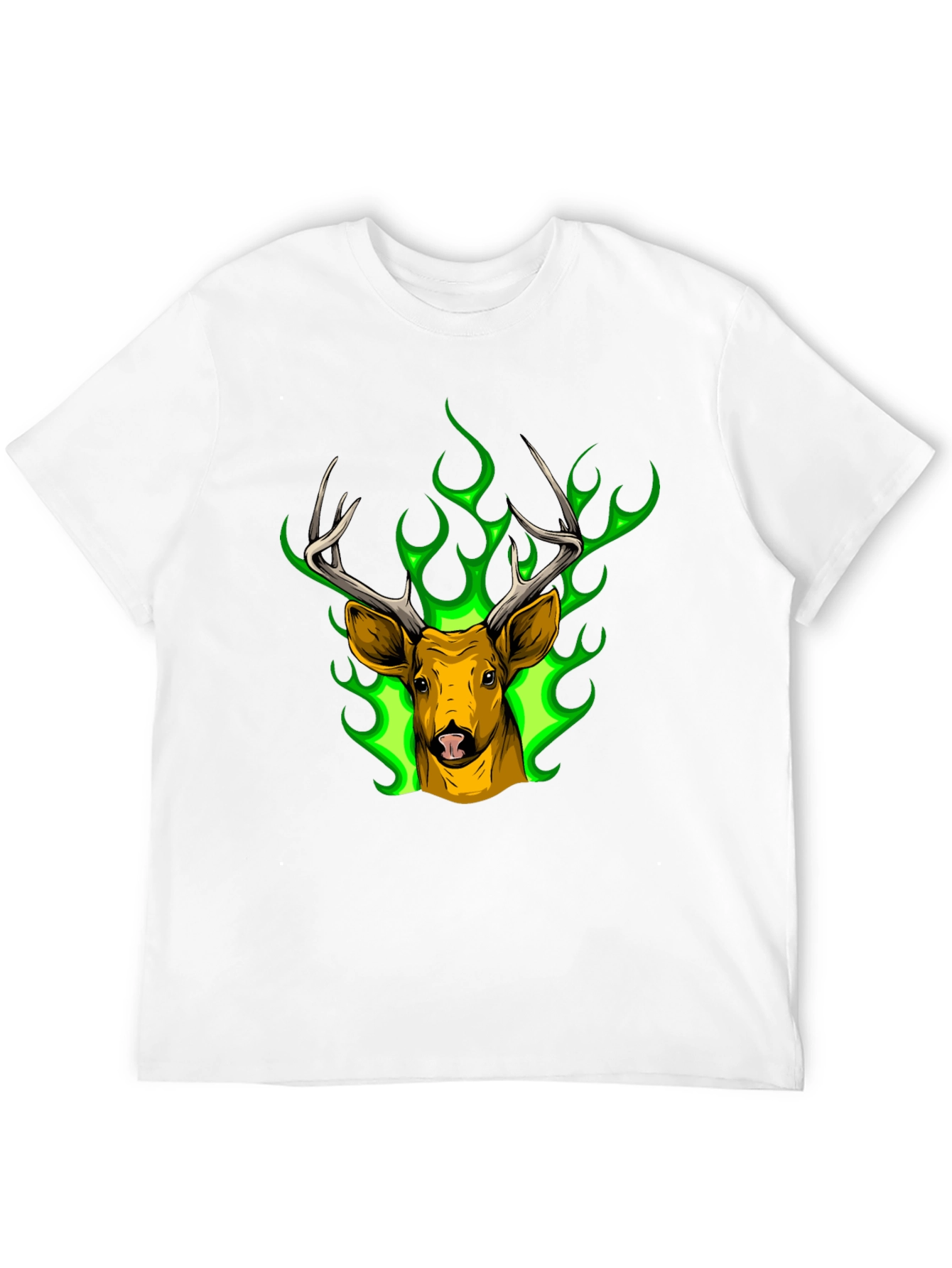 Black Deer Head Graphic Tee - Green Flame Stag Design view 12