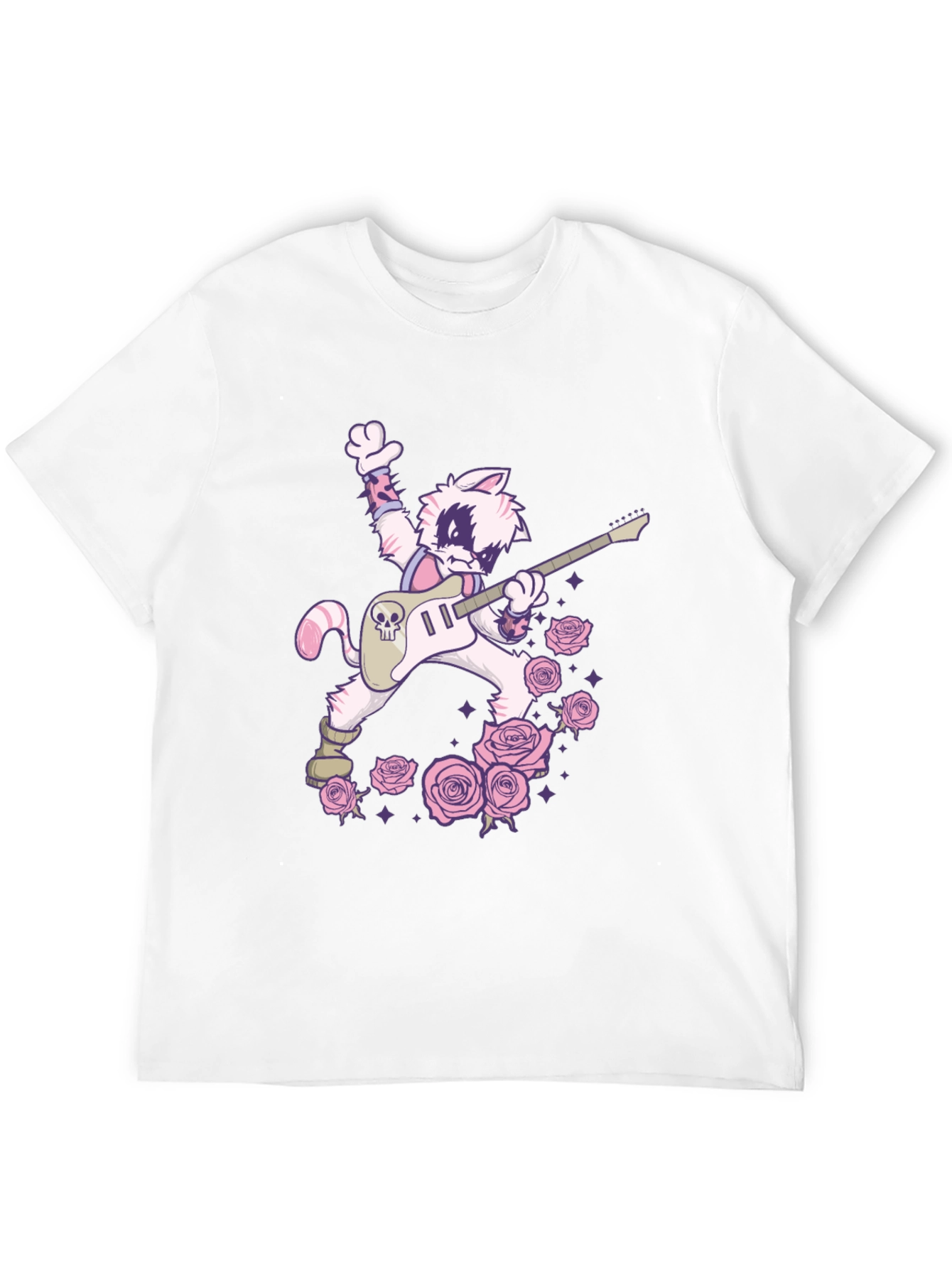 Black Rockstar Cat T-Shirt - Skull Guitar & Roses Graphic Tee view 12