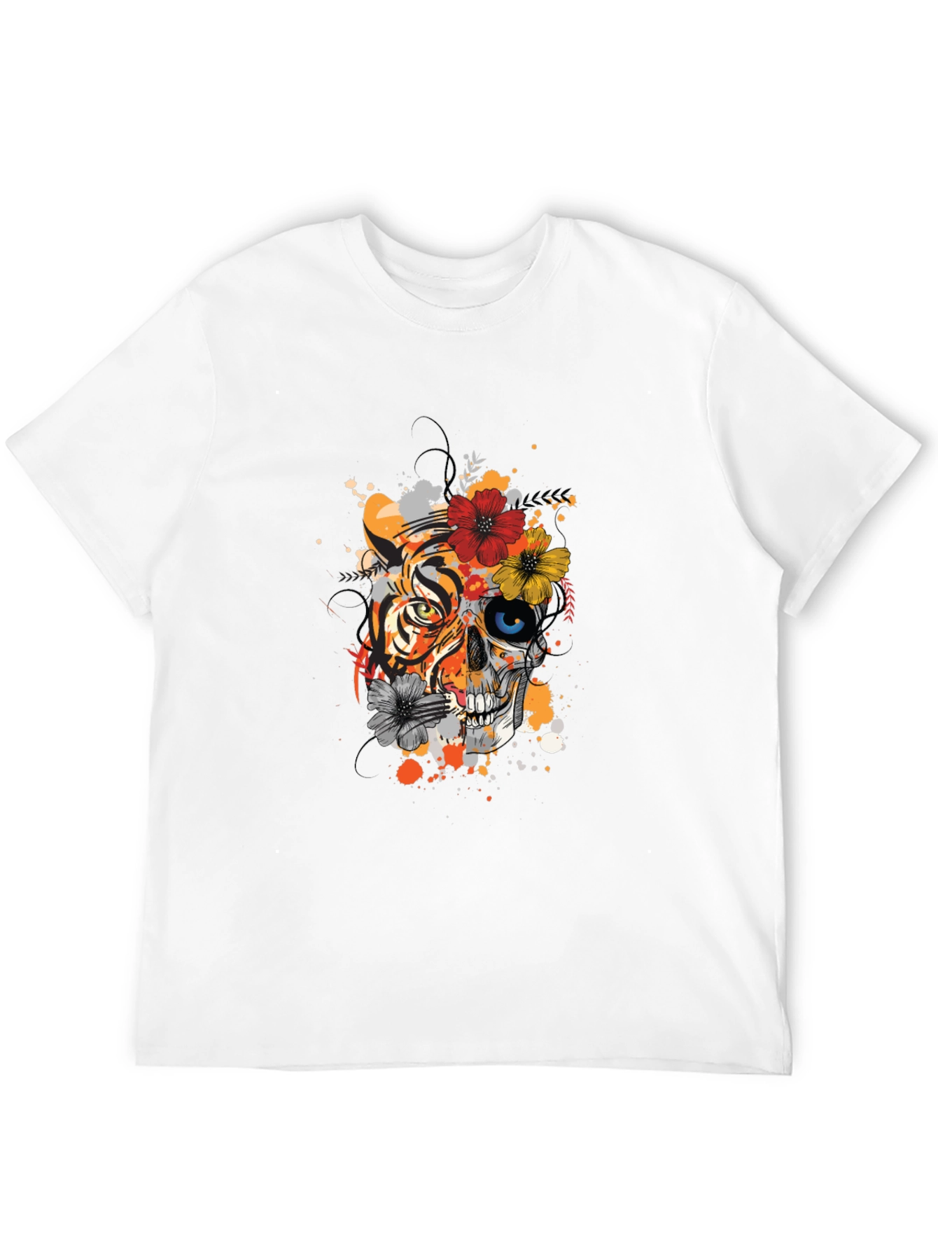 Black Tiger Skull Floral Print Black T-Shirt view 12