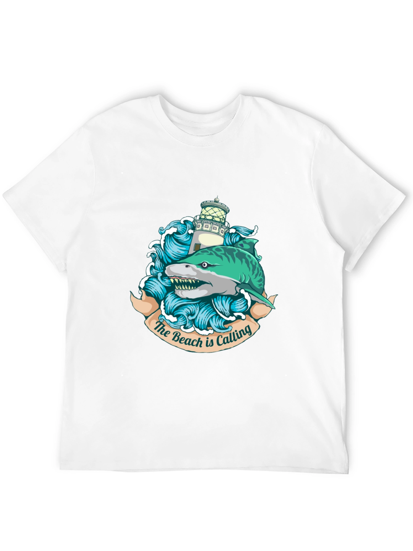 Black Beach Calling T-Shirt with Shark and Lighthouse view 12