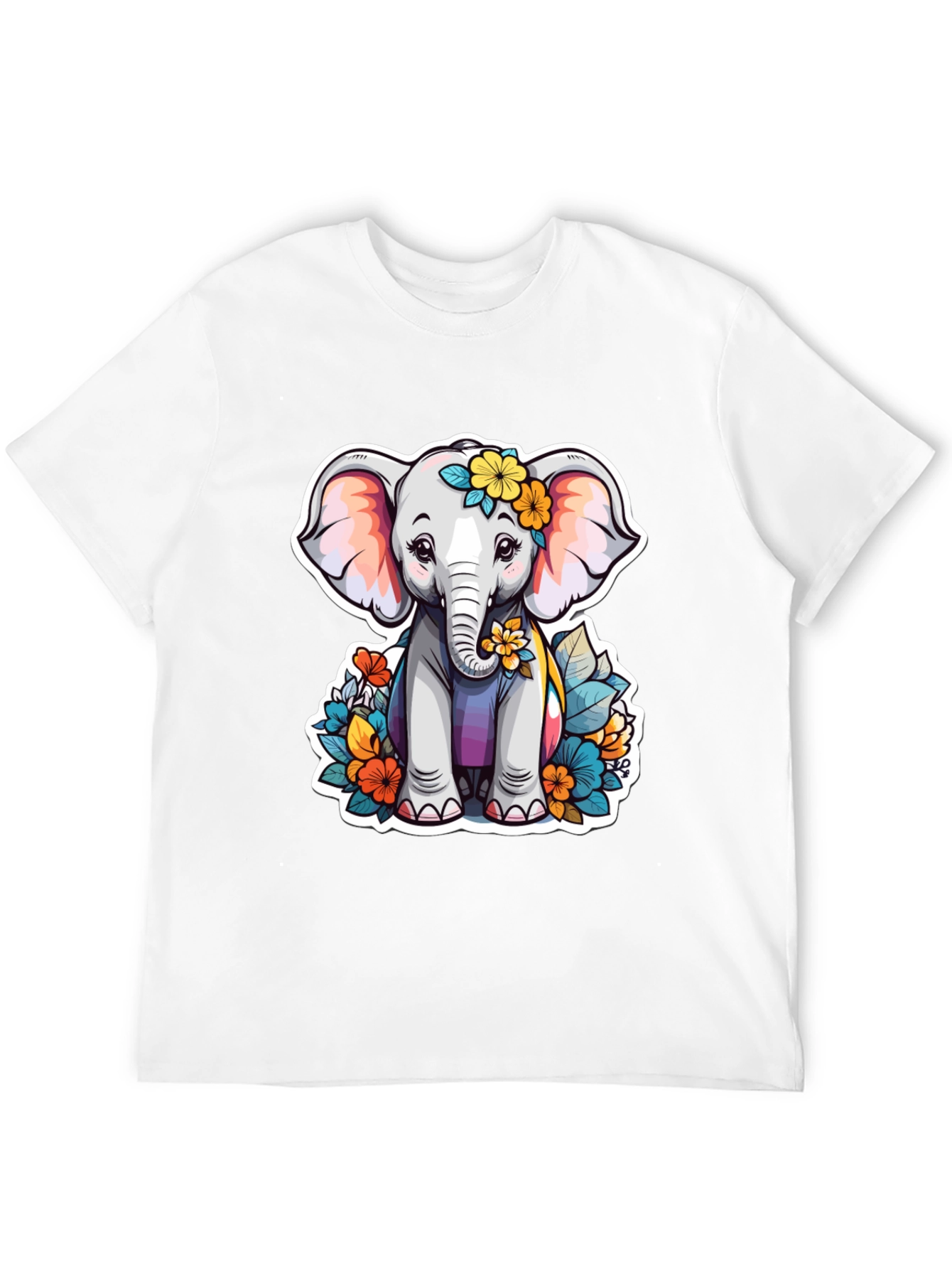 Black Cute Elephant Floral T-Shirt - Unisex Black Tee view 12