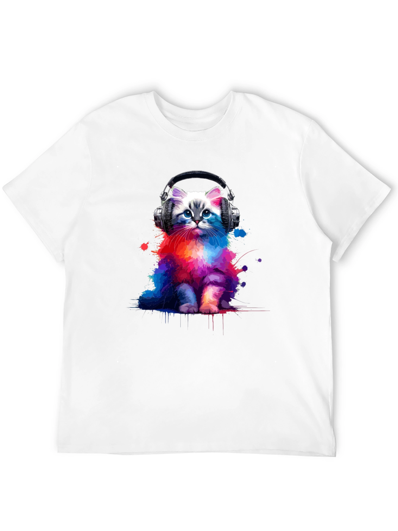 Black Colorful Cat Headphones Graphic Tee view 12