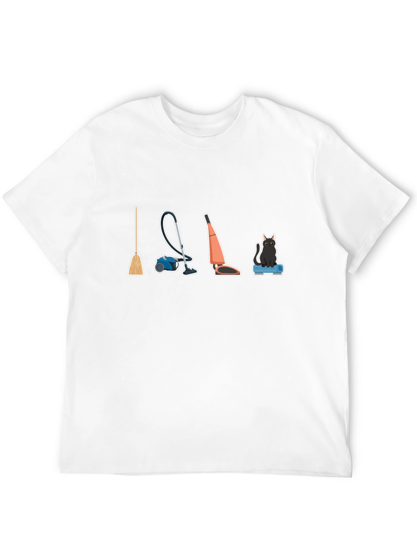 Black Cleaning Crew T-Shirt: Broom, Vacuum, and Cat view 12
