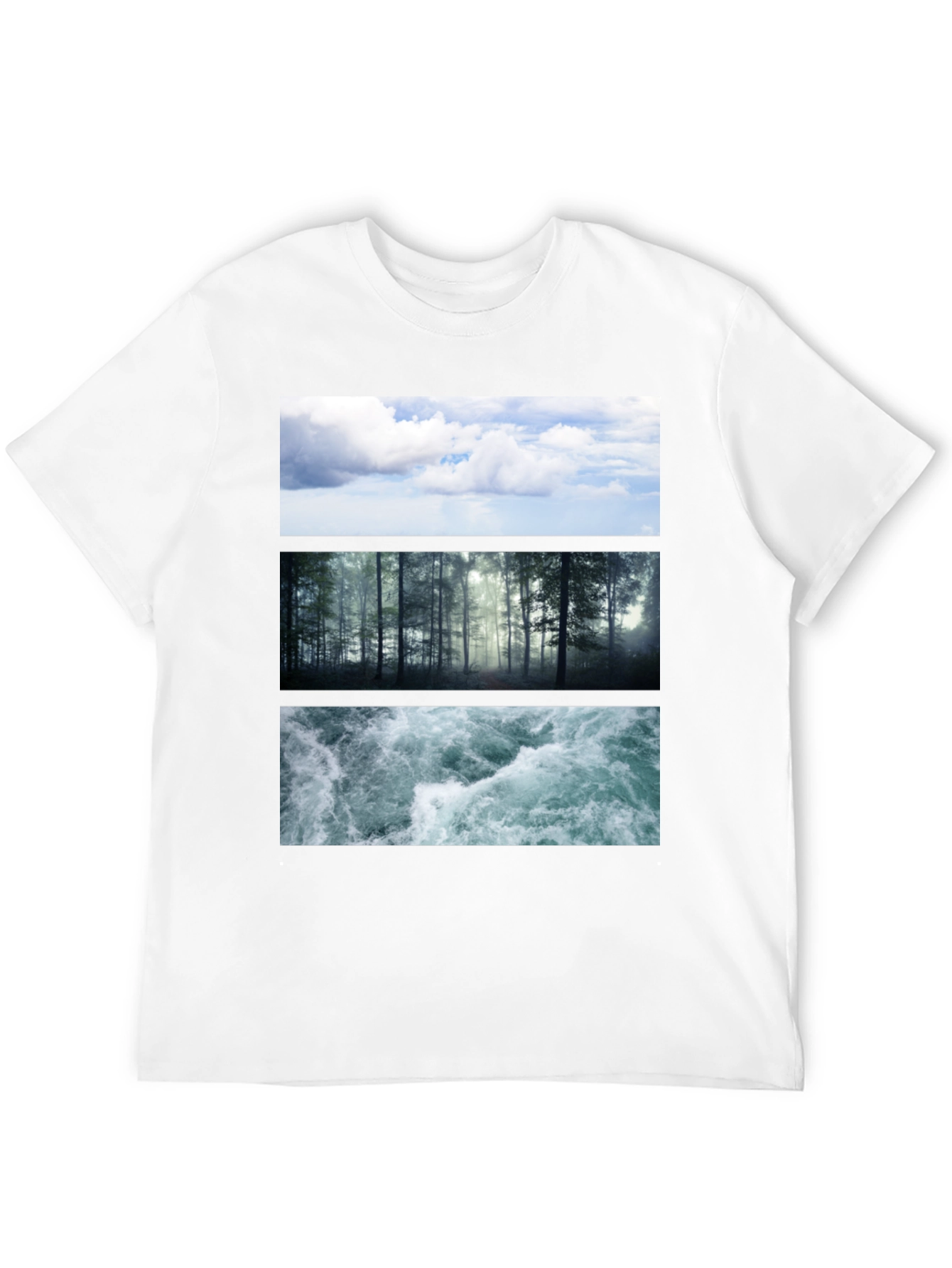 Black Nature Collage T-Shirt: Sky, Forest, Water Graphic Tee view 12