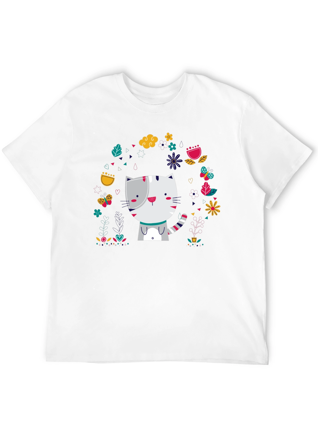 Black Cute Cat Floral Design Black T-Shirt view 12