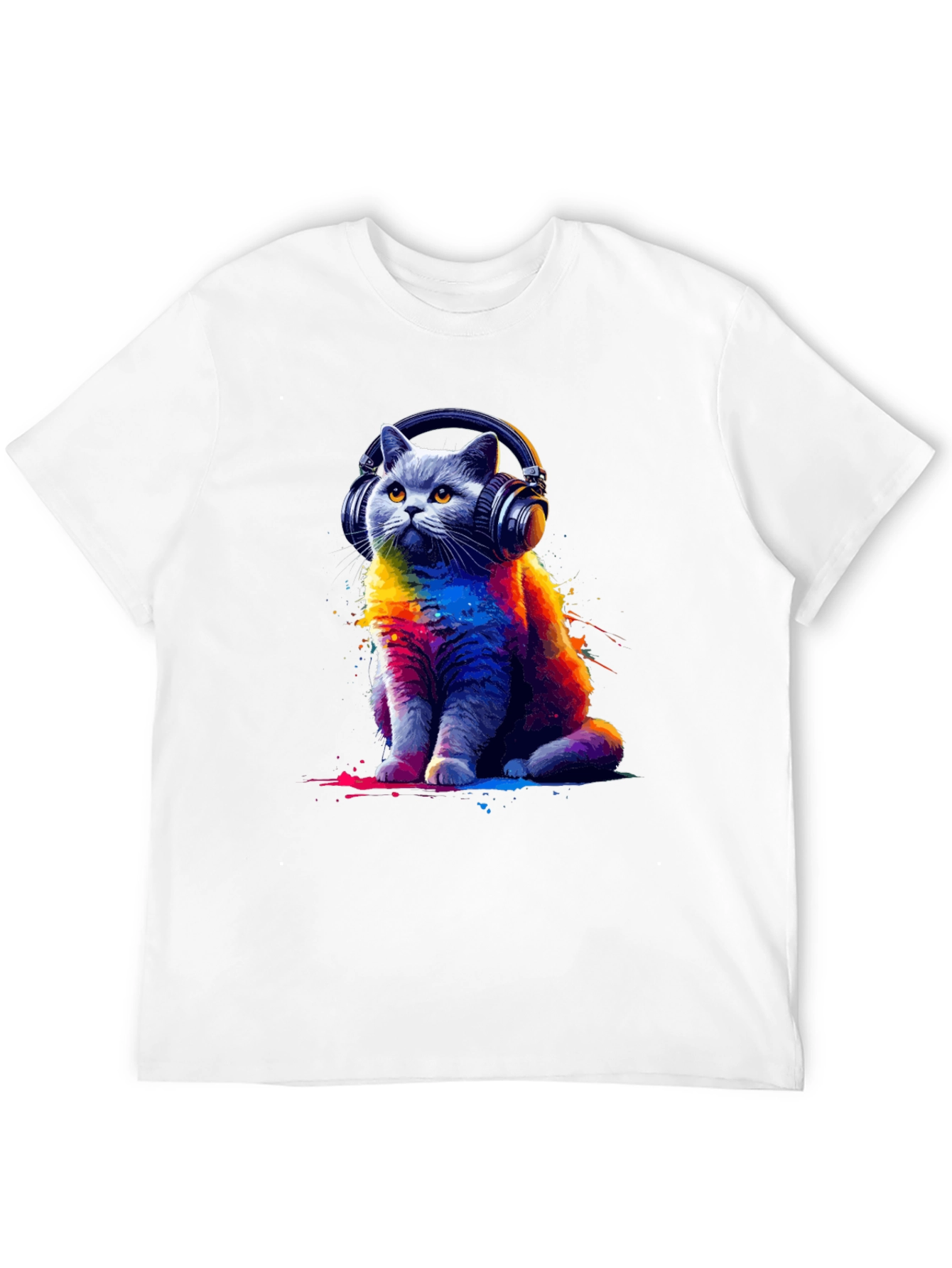 Black Cool Cat Headphones T-Shirt - Colorful Graphic Tee view 12