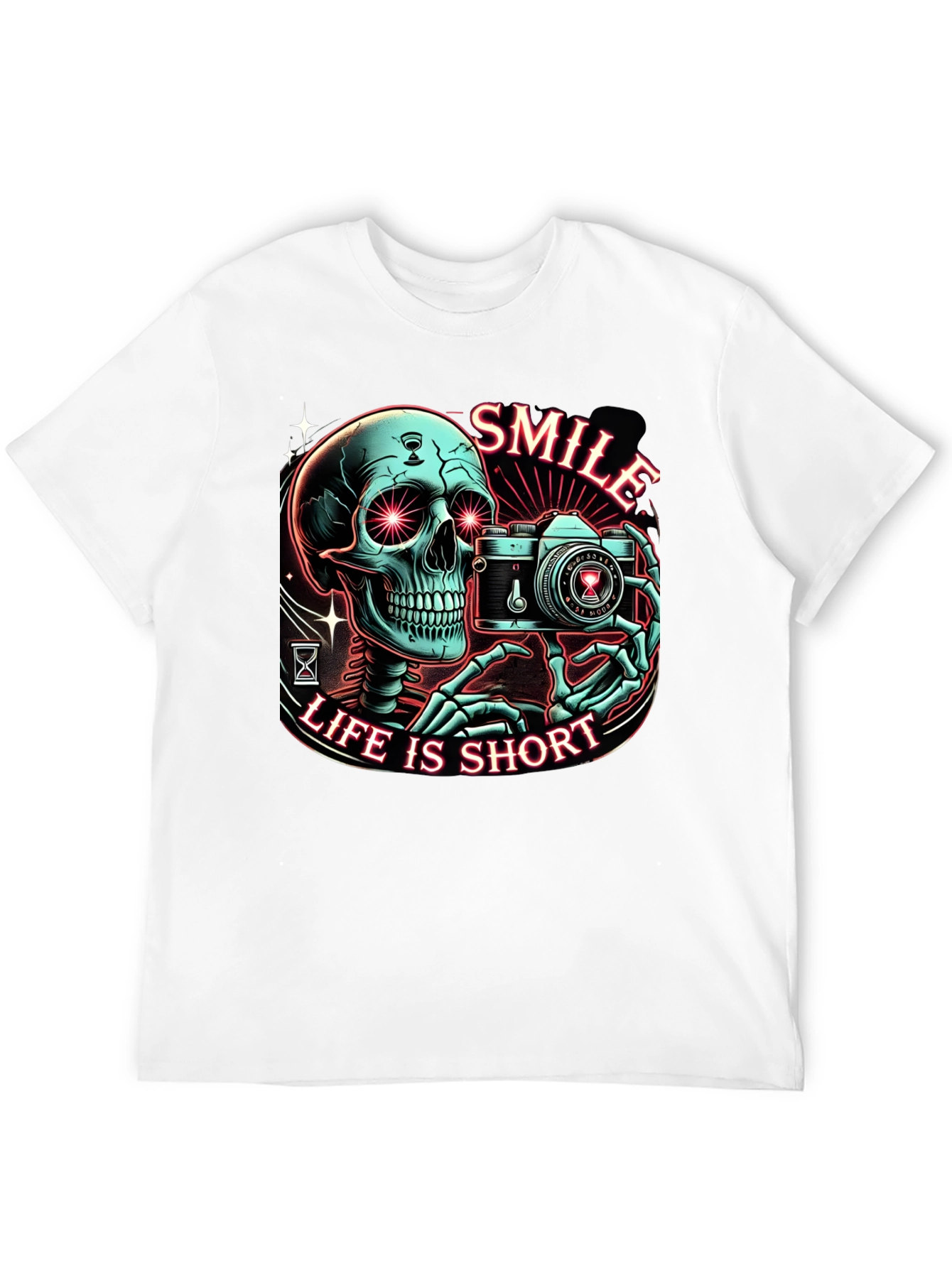 Black Smile Life is Short Graphic Tee - Camera Skeleton T-Shirt view 12